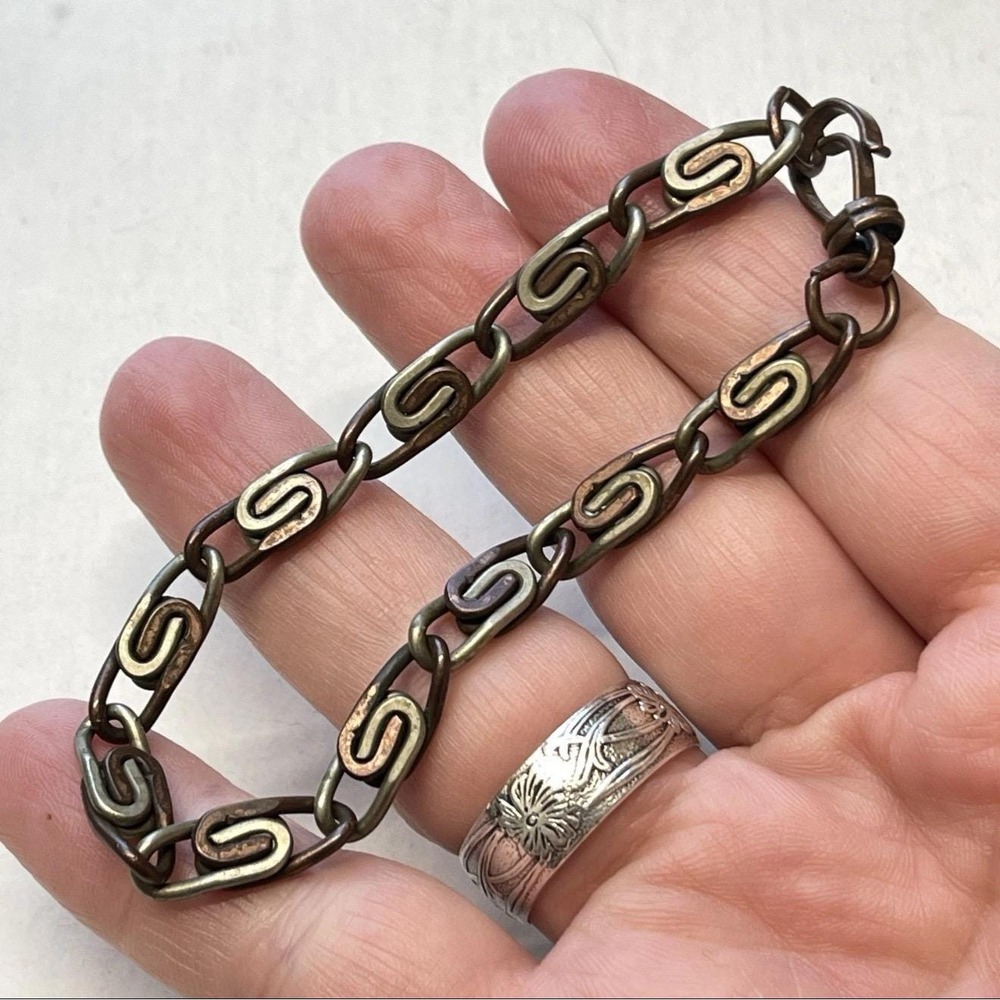 Vintage Copper Silver Tone Snail Scroll Chain Link Bracelet 7.5" MCM - Picture 2 of 4
